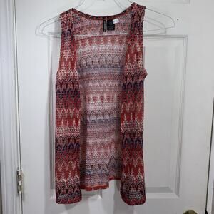 Miss Understood Vest Womens Large Red Blue Ikat Knit Open Front Sleeveless